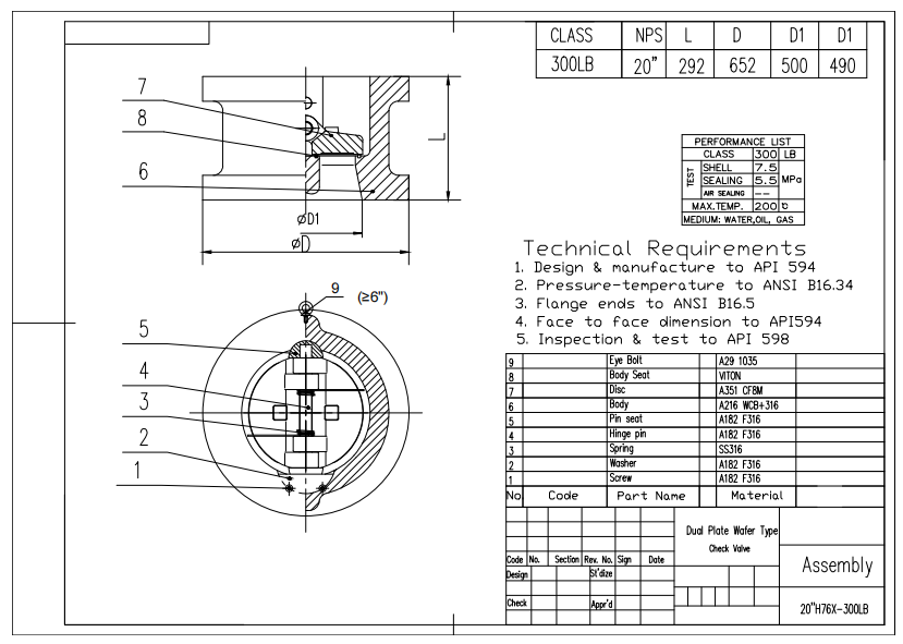 20" 300LB API WCB Dual Plate Wafer Check Valve