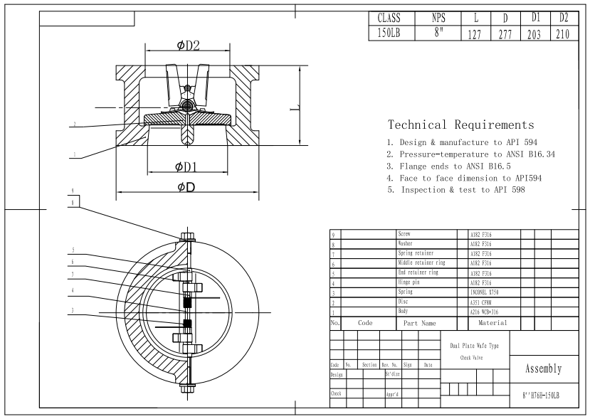 API WCB 8" 150LB Dual Plate Wafer Check Valve 