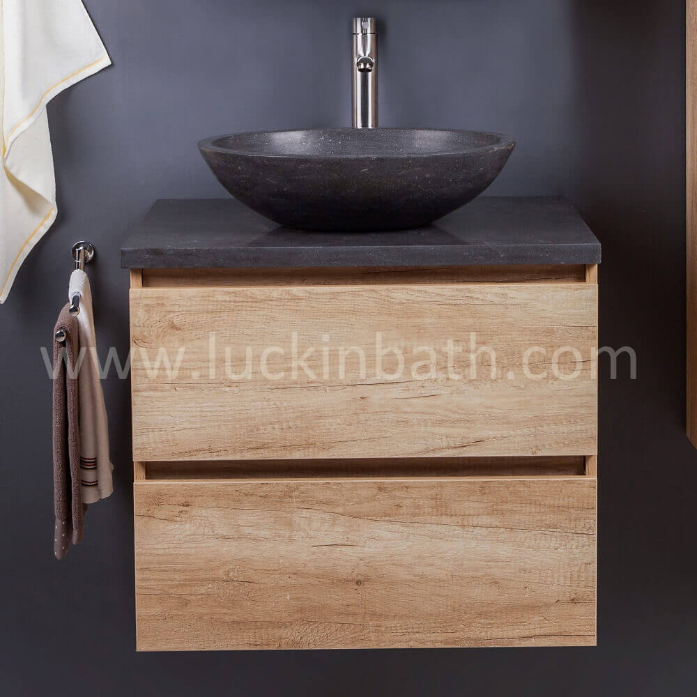 LuckinBath Wood Look Gabinetto per il bagno 70 con bacino di pietra "Taurus"