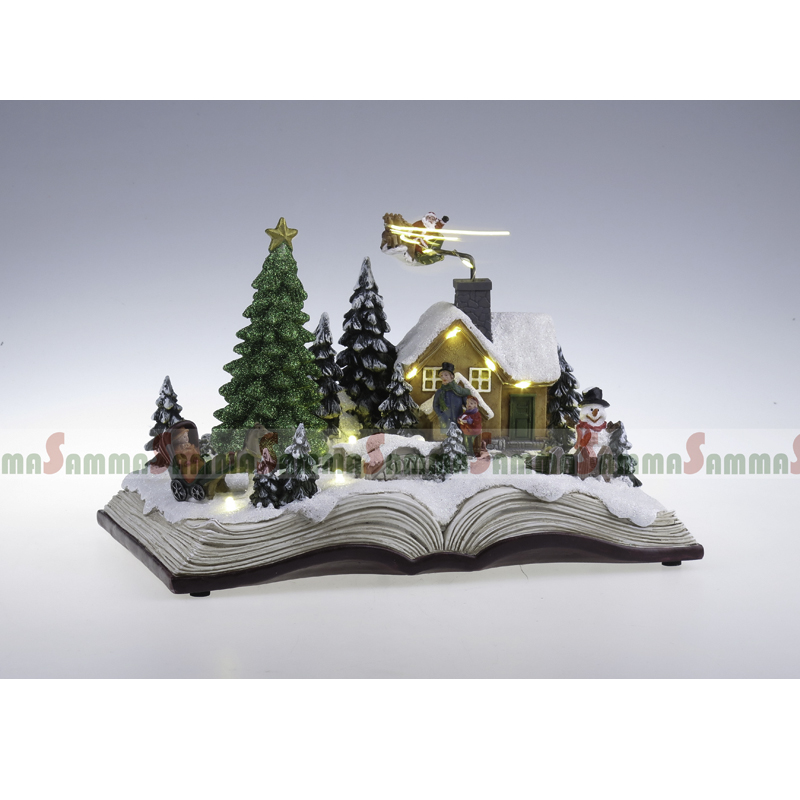 Apri la scena di Natale del libro, che gira l'albero e la slitta della santa, led illuminate