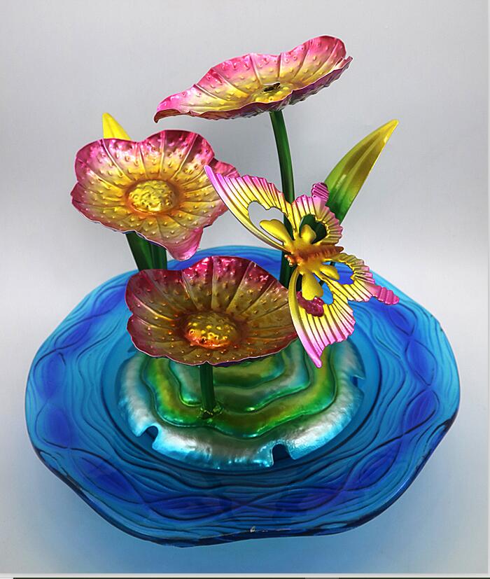 Forniture da giardino in vetro con fontana di fiori in metallo Decorazione da tavolo per interni