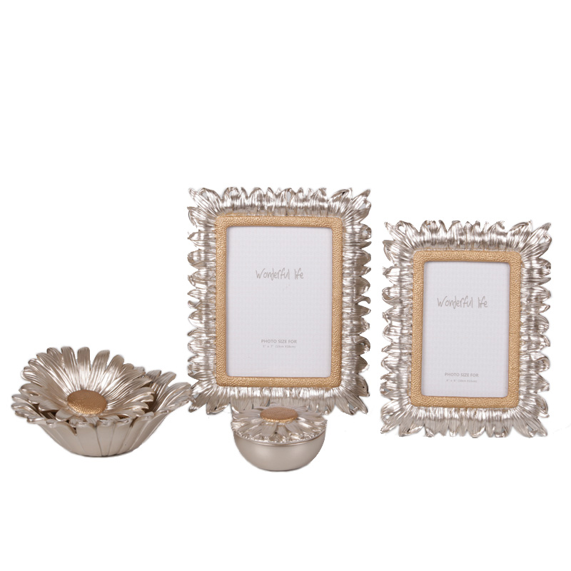 Frame di foto del girasole in resina con scatola di gioiello e vassoio per decorazioni per la casa