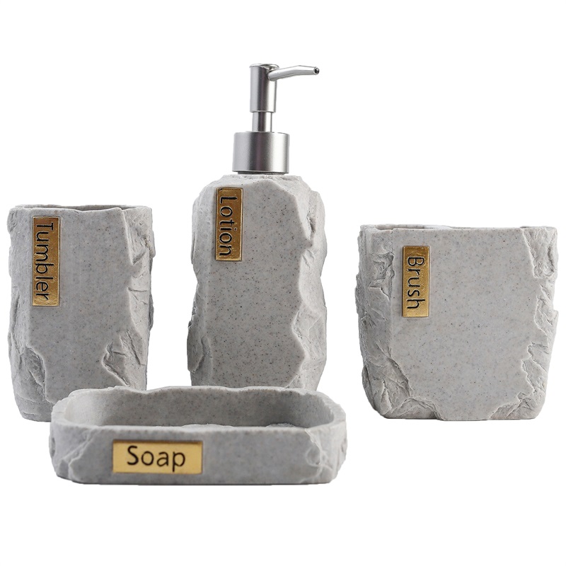 Set da bagno in resina con testo texture roccia, set da 4 pezzi