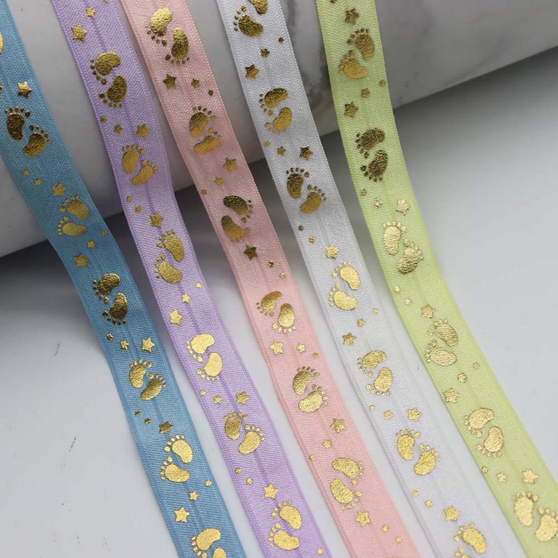 Impronte di bambini in lamina d'oro da 5/8 pollici stampate piegate su nastro elastico per elastici per capelli
