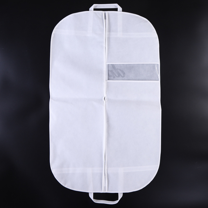 piccola borsa porta abiti trasparente con finestra compostabile bianca, copertura trasparente per abiti da riporre, appendere, personalizzare il logo con tessuto non tessuto