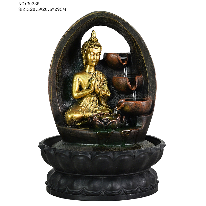 Fontana d'acqua religiosa del Buddha da tavolo in resina color dorato per l'arredamento di interni