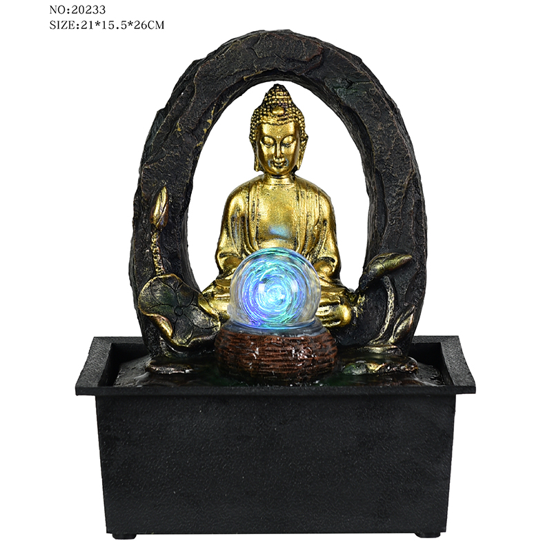 Bellissima fontana religiosa da tavolo in resina con buddha con sfera di vetro per l'arredamento di interni