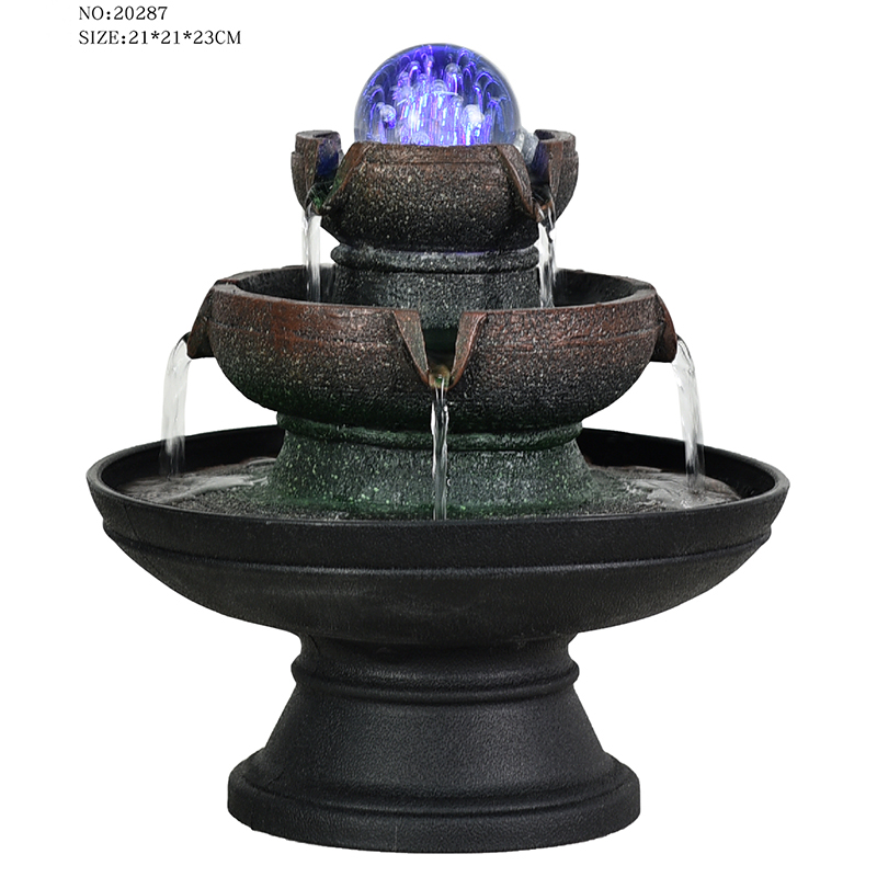 Fontana d'acqua da tavolo in resina a tre livelli con decorazione domestica all'ingrosso con palla rotolante in vetro colorato